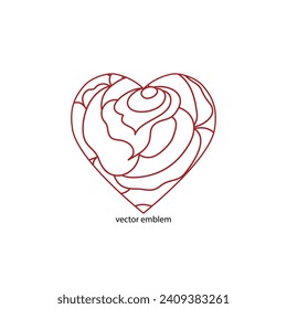 A rose in the shape of a heart. Vector emblem. Love and romantic theme. Symbol for St. Valentine`s day. 