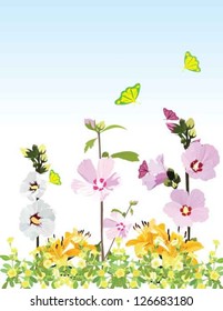 The rose of Sharon which is national flower of Korea with other flowers and butterflies on the garden background