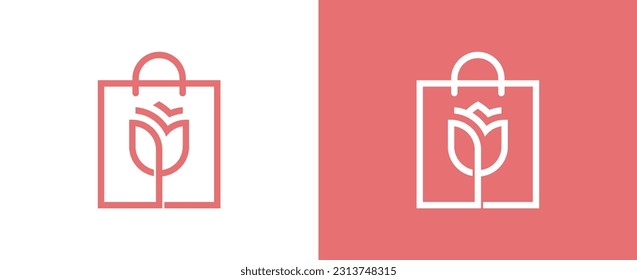 Rose Shopping Bag Flower Logo Concept sign symbol icon Element Design. Tulip, Cosmetics, Jewellery, Jewelry, Beauty, Health Care, Beauty salon, Boutique, Spa Logotype. Vector illustration template