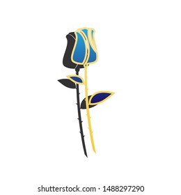 Rose sign illustration. Blue icon with gold contour with dark gray shadow at white background. Illustration.