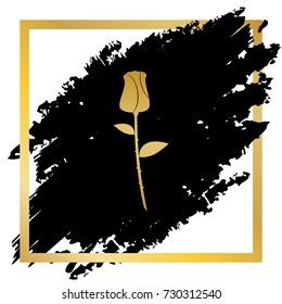 Rose sign illustration. Vector. Golden icon at black spot inside golden frame on white background.