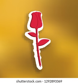 Rose sign illustration. Vector. Magenta icon with darker shadow, white sticker and black popart shadow on golden background.