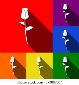 Rose sign illustration. Vector. Set of icons with flat shadows at red, orange, yellow, green, blue and violet background.