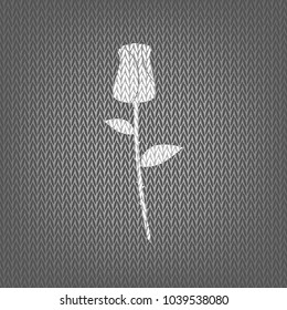 Rose sign illustration. Vector. White knitted icon on gray knitted background. Isolated.