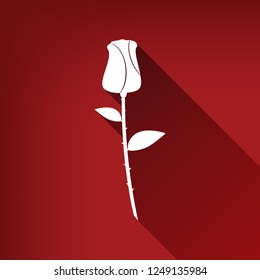 Rose sign illustration. Vector. White icon with limitless shadow at ruby red background.