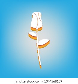 Rose sign illustration. Vector. White icon with 3d warm-colored gradient body at sky blue background.