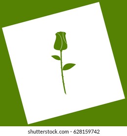 Rose sign illustration. Vector. White icon obtained as a result of subtraction rotated square and path. Avocado background.