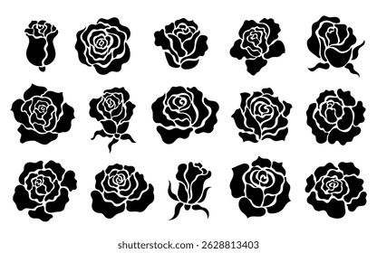 Ícone de silhueta rosa. Elementos decorativos florais pretos, broto de flor de selo simples, rosas abstratas selos botânicos para logotipo. Conjunto isolado de tatuagem floral vetorial.