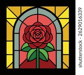 Rose Silhouette with Leaded Glass Style Featuring Elegant Floral Lines, Ideal for Vintage Art, Decorative Panels, and Nature-Inspired Stained Glass Designs