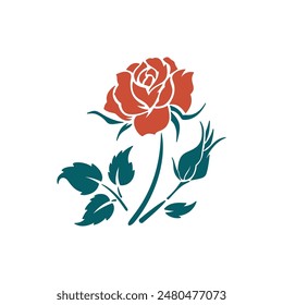 Rose silhouette with leaves and bud. Flower Stencil. Vector illustration