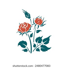 Rose silhouette with leaves and bud. Flower Stencil. Vector illustration
