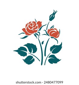 Rose silhouette with leaves and bud. Flower Stencil. Vector illustration