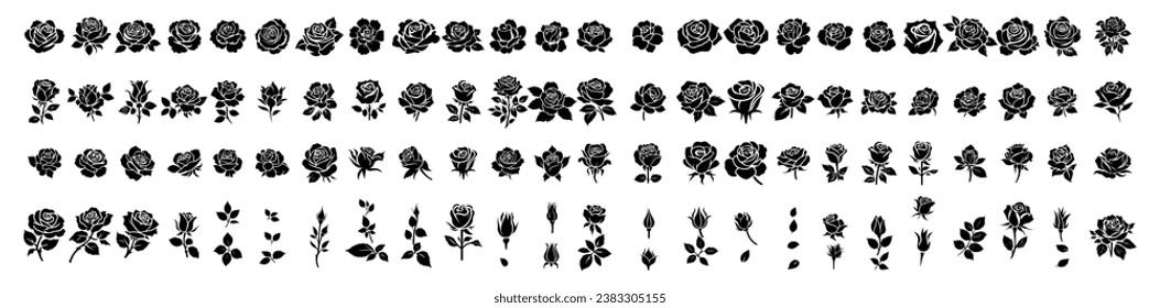 Rose silhouette on a transparent background, cut of a flower with buds and leaves, vector set for stencil