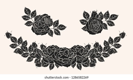 Rose silhouette ornament vector by hand drawing.Beautiful flower on brown background.Sunset memory rose vector art highly detailed in line art style.Flower tattoo for paint or pattern.