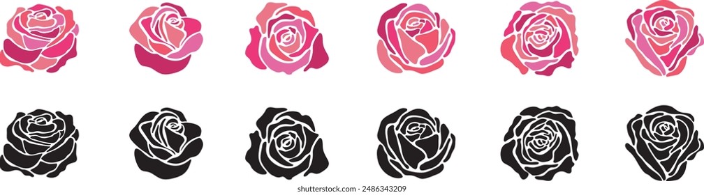 rose silhouette stained glass colorful vector illustration art set. Flower roses petal outline romantic valentine's day love bouquet decorative mosaic graphic design wedding card married red pink line