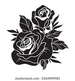rose silhouette. rose tattoo design. vector black silhouette of rose flower isolated on white background. Vector illustration. hand drawn rose. elements for tattoo, greeting card, wedding invitation.