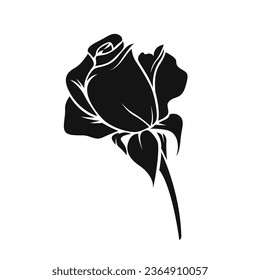 rose silhouette. rose tattoo design. vector black silhouette of rose flower isolated on white background. Vector illustration. hand drawn rose. elements for tattoo, greeting card, wedding invitation.