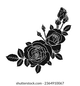 Rosensilhouette. Rose Tattoo-Design. Vektorschwarze Silhouette von Rosenblumen einzeln auf weißem Hintergrund. Vektorgrafik. handgezeichnet Rose. Elemente für Tätowierung, Grußkarte, Hochzeitseinladung.