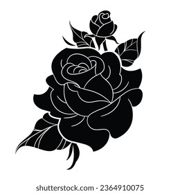 rose silhouette. rose tattoo design. vector black silhouette of rose flower isolated on white background. Vector illustration. hand drawn rose. elements for tattoo, greeting card, wedding invitation.