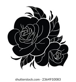 rose silhouette. rose tattoo design. vector black silhouette of rose flower isolated on white background. Vector illustration. hand drawn rose. elements for tattoo, greeting card, wedding invitation.