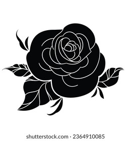 rose silhouette. rose tattoo design. vector black silhouette of rose flower isolated on white background. Vector illustration. hand drawn rose. elements for tattoo, greeting card, wedding invitation.