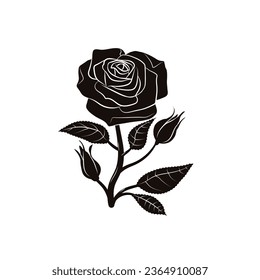 rose silhouette. rose tattoo design. vector black silhouette of rose flower isolated on white background. Vector illustration. hand drawn rose. elements for tattoo, greeting card, wedding invitation.
