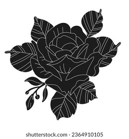 silueta rosa. diseño de tatuajes de rosa. silueta negra vectorial de la flor rosa aislada en fondo blanco. Ilustración vectorial. rosa dibujado a mano. elementos para tatuajes, tarjeta de saludo, invitación a la boda.