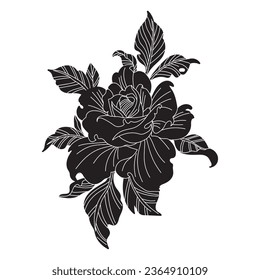 rose silhouette. rose tattoo design. vector black silhouette of rose flower isolated on white background. Vector illustration. hand drawn rose. elements for tattoo, greeting card, wedding invitation.