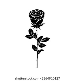 rose silhouette. rose tattoo design. vector black silhouette of rose flower isolated on white background. Vector illustration. hand drawn rose. elements for tattoo, greeting card, wedding invitation.