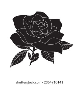 silueta rosa. diseño de tatuajes de rosa. silueta negra vectorial de la flor rosa aislada en fondo blanco. Ilustración vectorial. rosa dibujado a mano. elementos para tatuajes, tarjeta de saludo, invitación a la boda.
