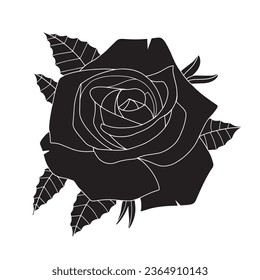 silueta rosa. diseño de tatuajes de rosa. silueta negra vectorial de la flor rosa aislada en fondo blanco. Ilustración vectorial. rosa dibujado a mano. elementos para tatuajes, tarjeta de saludo, invitación a la boda.