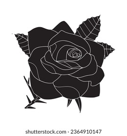 silueta rosa. diseño de tatuajes de rosa. silueta negra vectorial de la flor rosa aislada en fondo blanco. Ilustración vectorial. rosa dibujado a mano. elementos para tatuajes, tarjeta de saludo, invitación a la boda.