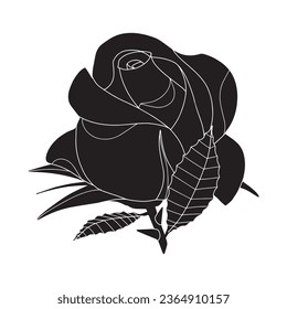 rose silhouette. rose tattoo design. vector black silhouette of rose flower isolated on white background. Vector illustration. hand drawn rose. elements for tattoo, greeting card, wedding invitation.
