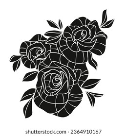 rose silhouette. rose tattoo design. vector black silhouette of rose flower isolated on white background. Vector illustration. hand drawn rose. elements for tattoo, greeting card, wedding invitation.