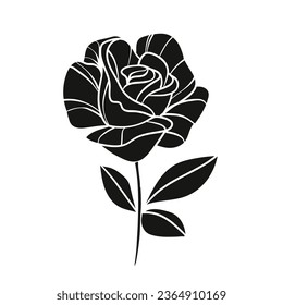 rose silhouette. rose tattoo design. vector black silhouette of rose flower isolated on white background. Vector illustration. hand drawn rose. elements for tattoo, greeting card, wedding invitation.
