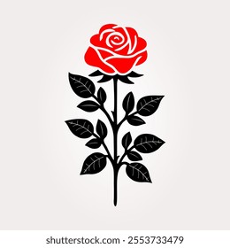 rose silhouette. vector black and red silhouette of rose flower isolated on white background. Vector illustration.