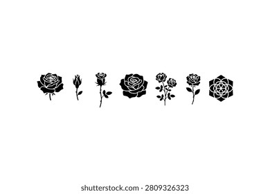 Rose Silhouette Vector Icon Collection Set