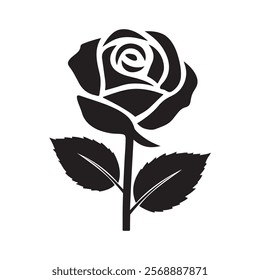 A rose silhouette vector icon is a minimalist graphic representation of a rose, typically in black or monochrome, used in designs for logos, patterns, and decorative elements.
