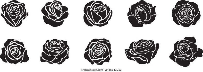 rose silhouette vector illustration art set. Flower petal outline romantic valentine's day love bouquet decorative tattoo graphic design beauty vintage roses decoration red pink garden wedding card