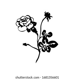 Rose silhouettes, spring buds vector characters. Black rose with leaf, nature flower roses illustration. For the design of cards, invitations, posters.