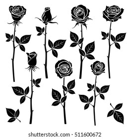 Siluetas rosas, brotes de resorte símbolos vectoriales. Rosa negra con hoja, ilustración de rosas de flores naturales