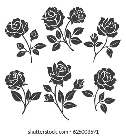 Rose silhouettes vector illustration. Black buds and stems of roses stencils isolated on white background