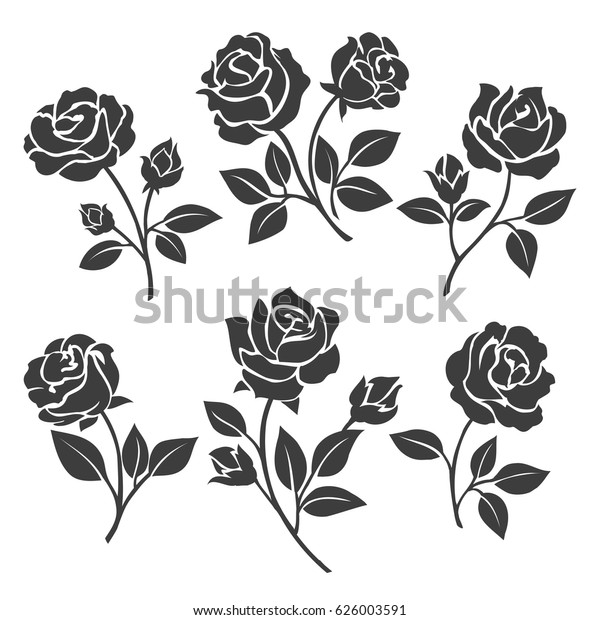 ローズのシルエットベクターイラスト 白い背景にバラのステンシルの黒い芽と茎 のベクター画像素材 ロイヤリティフリー