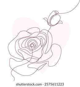 Rose single line drawing with on pink background with love shape. One line minimalist style illustration for valentine.