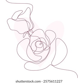 Rose single line drawing with on pink background with love shape. One line minimalist style illustration for valentine.