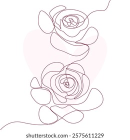 Rose single line drawing with on pink background with love shape. One line minimalist style illustration for valentine.