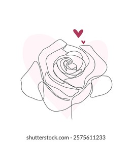 Rose single line drawing with on pink background with love shape. One line minimalist style illustration for valentine.