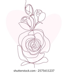 Rose single line drawing with on pink background with love shape. One line minimalist style illustration for valentine.