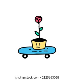Rose and skateboard, illustration for t-shirt, sticker, or apparel merchandise. With doodle, retro, and cartoon style.