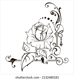 Rose sketch black outline isolated, illustration floral ornament graffiti tattoo on white background